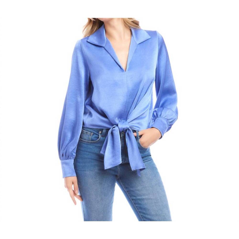 NEW KAREN KANE long sleeve satin tie front top in periwinkle